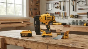 Unboxing a budget cordless nail gun for skirting boards alongside a battery charger and starter pack of brads on a workbench
