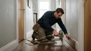 Securing ogee architrave and a cordless nail gun for skirting boards in a narrow Edwardian hallway under bright daylight