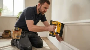A tradesperson using a cordless nail gun for skirting boards during a living room refurbishment in a London Victorian terraced house