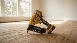 A reliable budget brand cordless nail gun for skirting boards resting on a wooden floorboards project in a newly built property