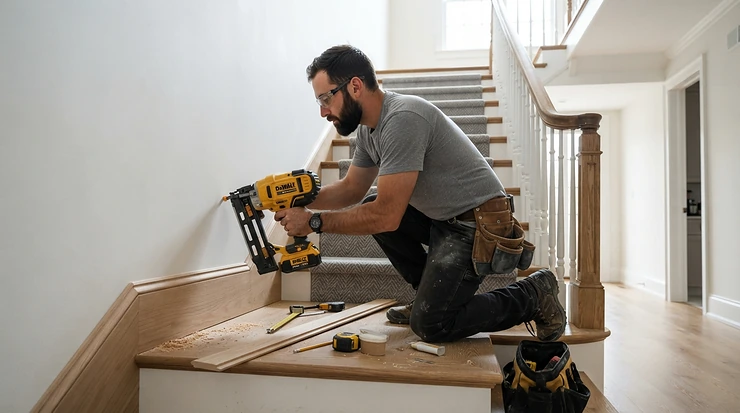 Installing rake mouldings with a cordless nail gun for skirting boards along a traditional wooden staircase