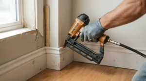 Manoeuvring a lightweight cordless nail gun for skirting boards into a tight corner behind a radiator bracket