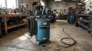 An air compressor and hose setup highlighting the debate of a cordless nail gun vs pneumatic nail gun on site