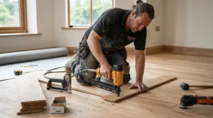 A tradesperson evaluating a cordless nail gun vs pneumatic nail gun while laying tongue and groove flooring in a London townhouse