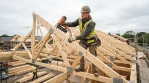 A carpenter reviewing a cordless nail gun vs pneumatic nail gun during timber framing on a Scottish housing development