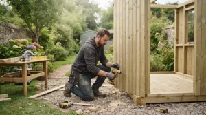 Building a timber garden shed while weighing up a cordless nail gun vs pneumatic nail gun for exterior joinery