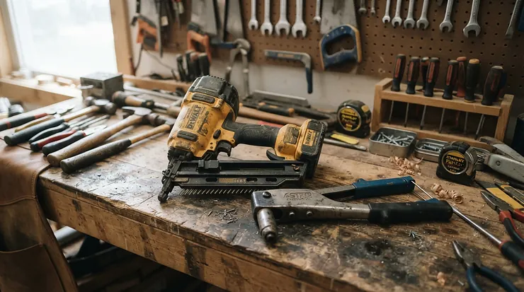 Side by side layout on a workbench showing a cordless nail gun vs pneumatic nail gun for cabinet making