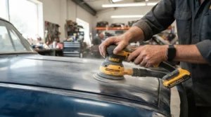 Using a cordless orbital sander for car bodywork during paint prep on a vehicle bonnet in a garage
