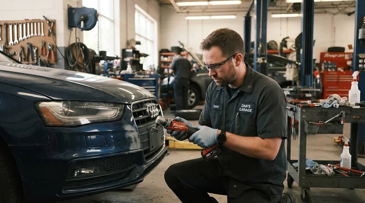 A mechanic holding a cordless orbital sander for car bodywork to shape a bumper repair