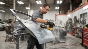 Applying a cordless orbital sander for car bodywork to smooth a primed door panel