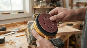Changing a fine-grit abrasive disc on a cordless orbital sander for car bodywork