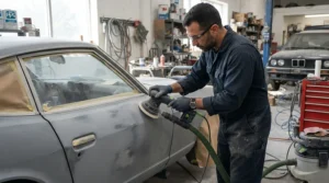 Flatting down primer filler with a cordless orbital sander for car bodywork in a restoration garage