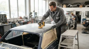 Sanders on a car roof section using a cordless orbital sander for car bodywork