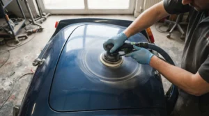 Demonstrating swirl mark prevention with a cordless orbital sander for car bodywork on a boot lid