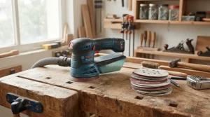 Cordless random orbit sander for woodworking resting on a wooden workbench next to sandpaper sheets