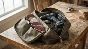 A tidy fabric storage bag holding a cordless sander for beginners and spare sanding discs