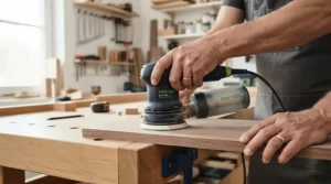 Close-up of a cordless sander for beginners showing the clear dust collection box in action