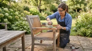 Refinishing the slats of an outdoor garden bench with a cordless sander for beginners
