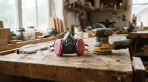 Safety goggles and a dust mask resting beside a cordless sander for beginners on a workbench