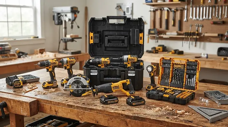 A complete cordless sander for beginners starter kit laid out neatly on a workbench in a British shed
