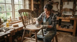Using a cordless sander for beginners to restore an old wooden chair in a sunny garage