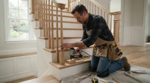A tradesperson using a cordless second fix nailer during a detailed staircase spindle renovation.
