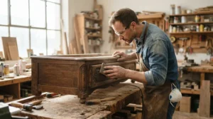A cordless detail sander for tight corners being used on the detailed spindle of an upcycled wooden chair