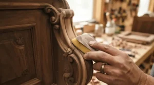 Achieving a smooth restoration finish quality with a detail sander for tight corners on kitchen cabinet moulding