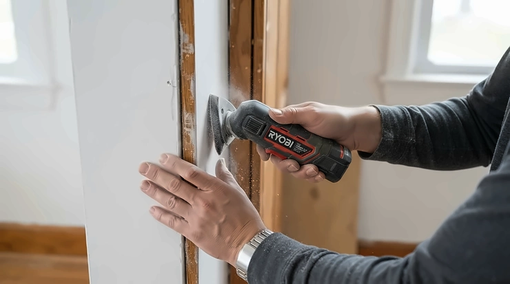 Using a detail sander for tight corners beneath a wall-mounted wooden radiator cover shelf