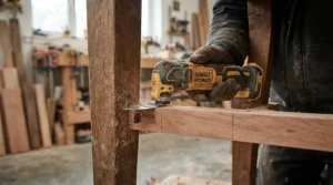 Precision sanding with a detail sander for tight corners around a carved dining table leg joint