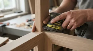 Using a detail sander for tight corners along intricate Victorian skirting boards in a London terrace house