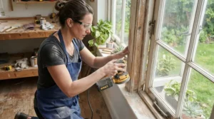 Testing a cordless detail sander for tight corners on a traditional sash window frame during home renovation