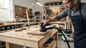 Electric random orbit sander for woodworking connected to a dust extraction hose in a garage setup