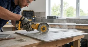 Side view of an ergonomic 18 volt cordless angle grinder guiding a straight cut along a porcelain tile edge.