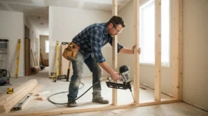 Building timber partition walls with a tradesman's first fix nail gun