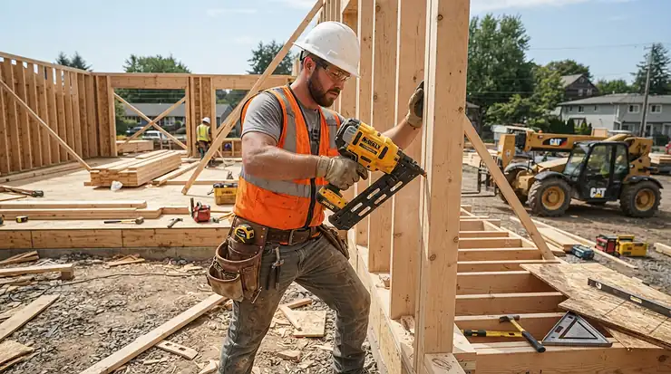 A tradesman using a first fix nail gun for timber framing on a busy construction site