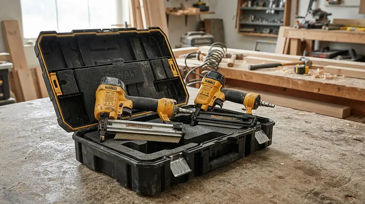 Side by side layout for a first fix nail gun vs second fix nail gun comparison in a professional toolbox