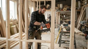 Demonstrating first fix nail gun vs second fix nail gun applications during stud wall construction