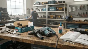 Maintenance and support gear displayed alongside a professional first fix nail gun