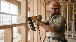 A tradesperson using first fix nailers to construct timber stud walls on a site in London