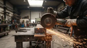 Sparks flying as a 230mm angle grinder for heavy-duty grinding slices through a thick steel beam in a workshop.