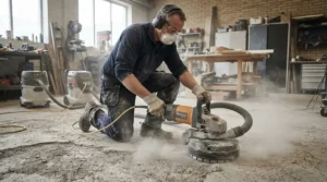 Preparing concrete flooring with a 230mm angle grinder for heavy-duty grinding in a commercial unit.