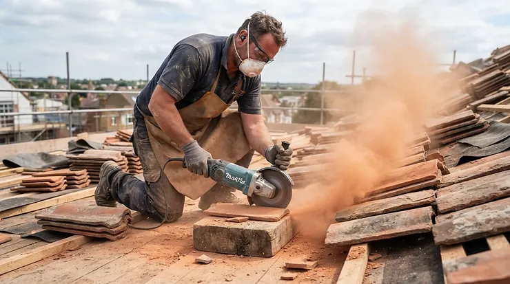 A builder cutting roof tiles outdoors using a 230mm angle grinder for heavy-duty grinding tasks.