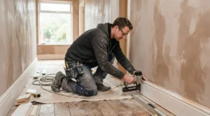 Using a lightweight second fix nailer for comfortable overhead skirting board installation in a hallway.