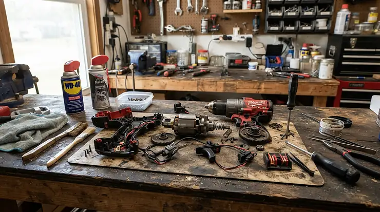 Routine cleaning and maintenance of first fix nailers on a cluttered timber workbench