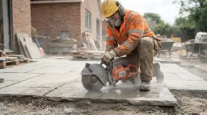 Full PPE worn by a worker operating a 230mm angle grinder for heavy-duty grinding on paving slabs.