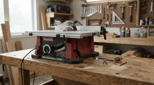 Close-up of safety gear and a robust 230mm angle grinder for heavy-duty grinding posed on a workbench.