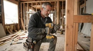 A professional joiner operating a reliable first fix nail gun for heavy timber work