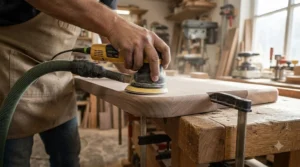 Detail shot of a random orbit sander for woodworking shaping the curved edge of a plywood panel