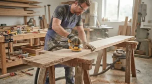 Preparing floating shelves with a random orbit sander for woodworking before applying a clear finish